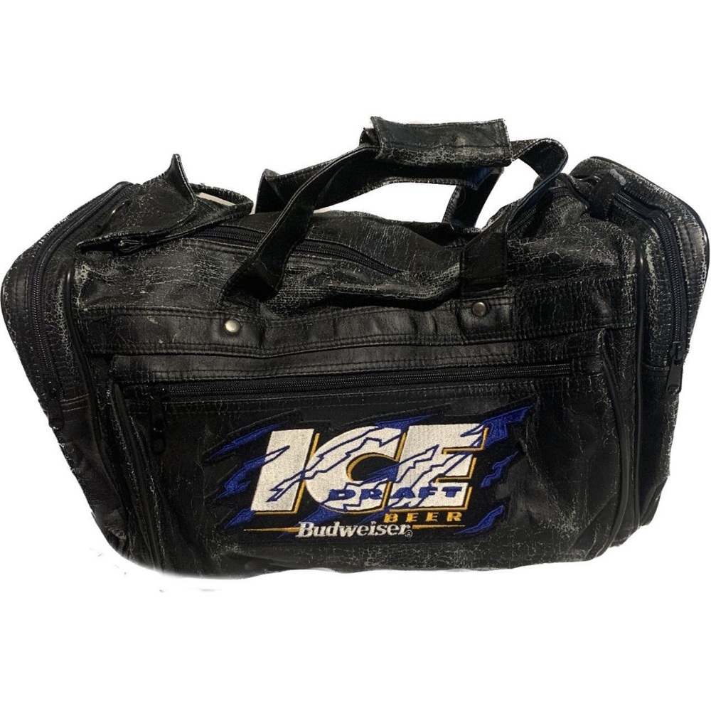 Vintage 80s or 90s Budweiser Bud Ice beer promotional leather duffle bag.